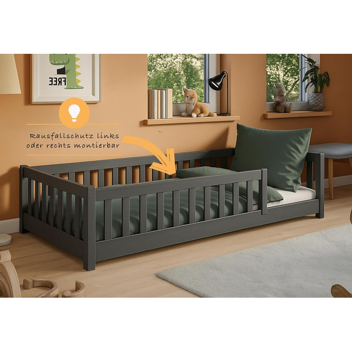 Дитяче ліжко Kids Collective Kinderbett з бортиками та ламелями, 90x190 см, сірий графіт | Ліжко-платформа, Монтессорі, для дітей та підлітків
