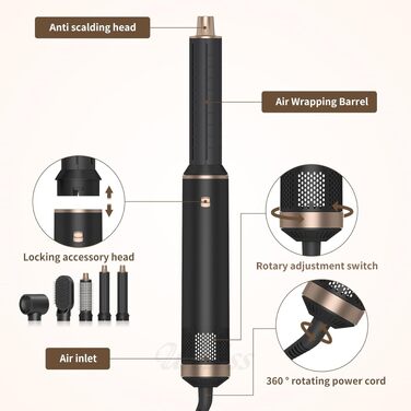 Airstyler 5 в 1 з насадкою для випрямлення, завивки та сушіння волосся 1000 Вт, чорний