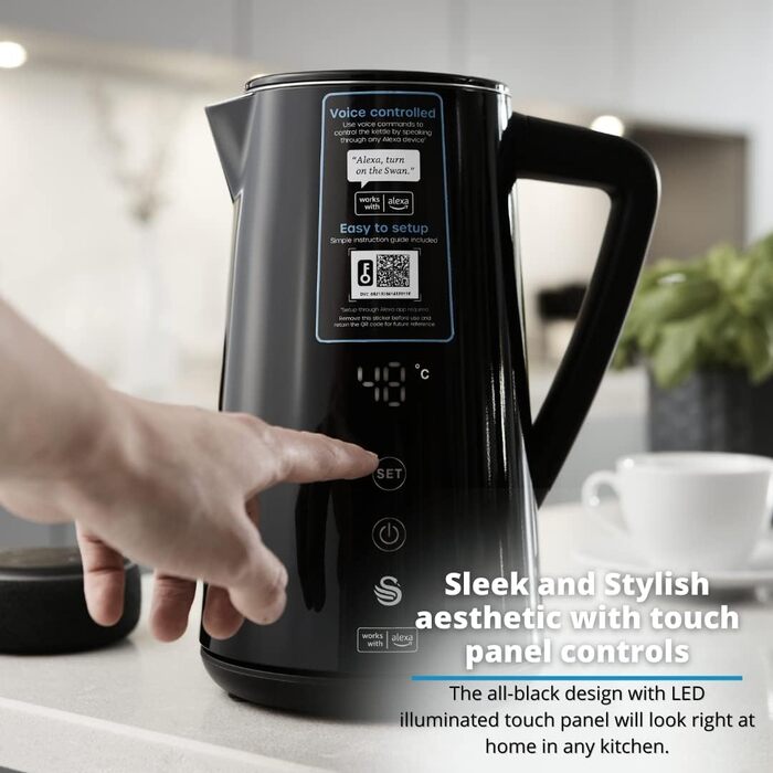 Електрочайник Swan Alexa Smart 1,5 л, WiFi, сенсорний LED-дисплей, підтримка температури, ізольована сталева колба, 1800 Вт, чорний, SK14650BLKN, британська вилка