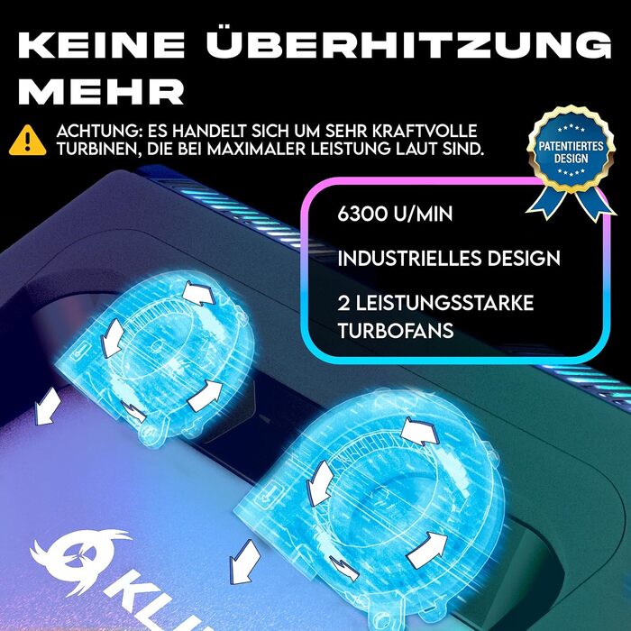 Ігровий охолоджувач для ноутбука KLIM Everest Plus, турбо-вентилятор 6300 RPM, підставка з охолодженням, чорний