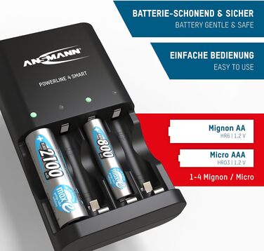 Зарядний пристрій ANSMANN Powerline 4 Smart з 4-ма акумуляторами AA 2100mAh, автоматичний зарядний пристрій з режимом відновлення (Repair-Modus)