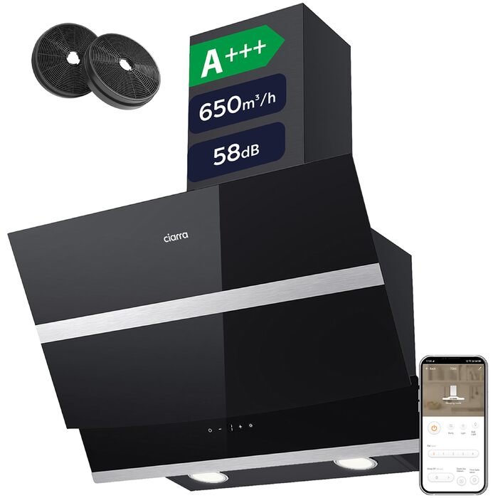 Витяжка кухонна CIARRA ASB6736N 60 см, 650 м³/год, навісна, нержавіюча сталь та чорне скло, керування через App та Touch, режим рециркуляції та відведення, з вугільним фільтром CBCF003, чорна