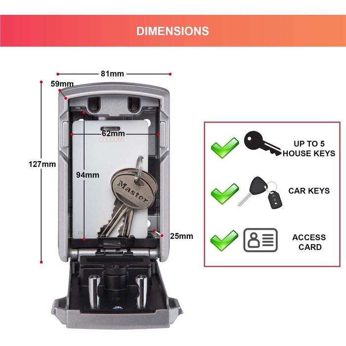Розумний сейф для ключів Master Lock Smart Connected з Bluetooth та кодовим замком, настінний вуличний кейс з військовим шифруванням, 12.7 x 8.3 x 5.9 см