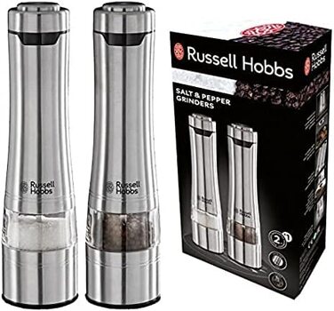 Електричний набір млинків для солі та перцю Russell Hobbs, 2 шт, нержавіюча сталь, керамічний механізм, регулювання помолу, LED підсвітка
