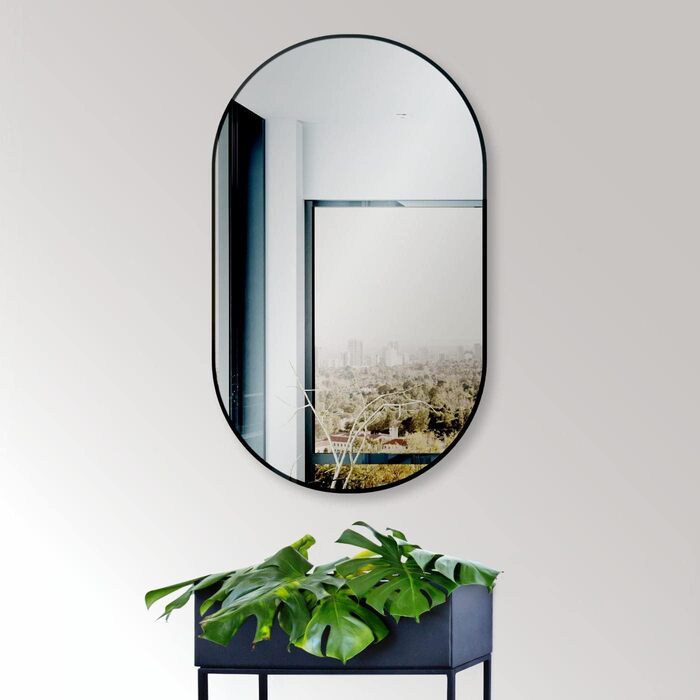 Дзеркало настінне овальне HOKO Design 45x75 см з металевим каркасом матовий чорний. Можлива вертикальна та горизонтальна установка. Для ванної кімнати, коридору, спальні.