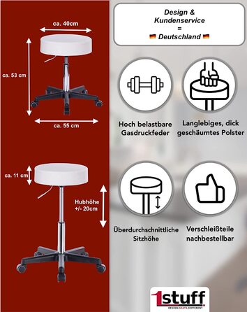 Професійний роликовий стілець 1stuff XL без спинки, коричневий, екошкіра, регульована висота до 70 см, ширина сидіння 40 см – для лікаря, офісу, роботи