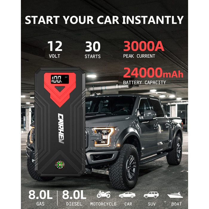 Бустер для авто CARHEV Jump Starter 3000A — Пусковий пристрій з LCD-дисплеєм для бензинових (до 8л) та дизельних (до 8л) двигунів, 12V Powerbank з USB швидкою зарядкою та LED-ліхтарем