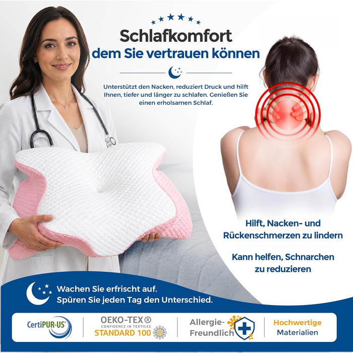 Ортопедична подушка для шиї та голови Premium з ефектом пам'яті (Memory Foam), ергономічна подушка-метелик для сну на боці та спині, рожева, зі знімним чохлом