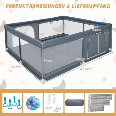 Манеж для дітей DREAMADE 200x180 см, складаний, з 50 кульками, 4 ручками і сумкою, дихаюча сітка, для немовлят і малюків 0-36 міс, темно-сірий