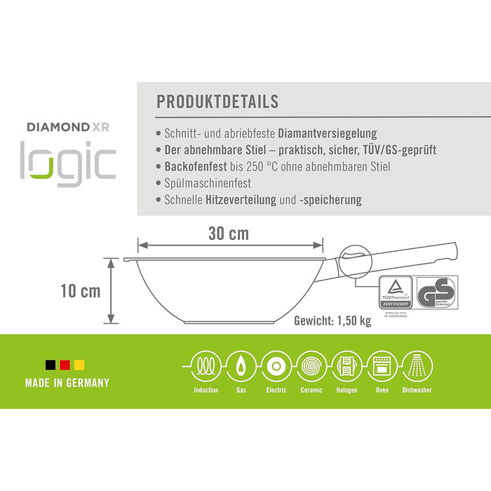 Woll Diamond Logic XR Вок і сковорода для тушкування, 30 см, індукційна, знімна ручка, алюмінієвий литий корпус, антипригарне покриття, підходить для всіх плит, духовки, чорна