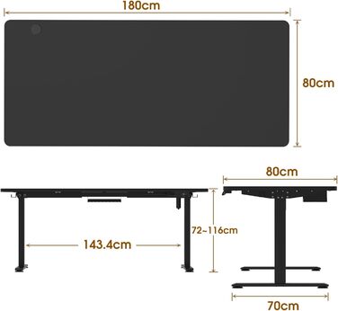 Електричний письмовий стіл Homall 180x80 см, регульований по висоті, комп'ютерний стіл з пам'яттю, 4-секційна стільниця, чорний + бежевий