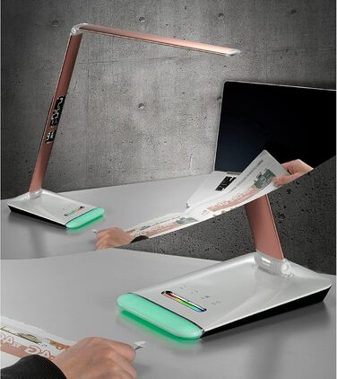 Настільна LED лампа Eaxus з RGB-підсвіткою, димером, сенсорною панеллю, годинником, календарем і термометром, мідна