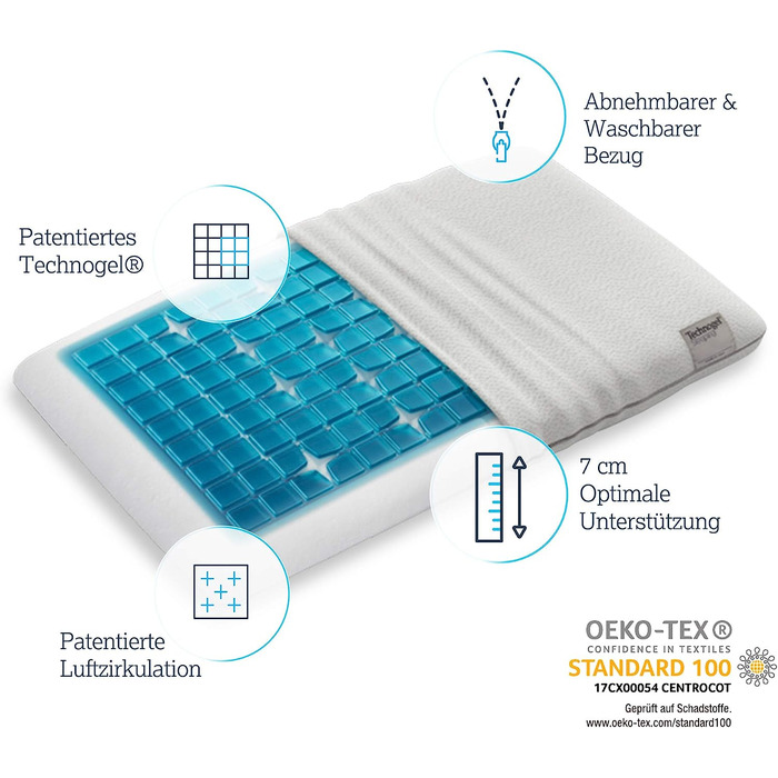 Ортопедична подушка Technogel Deluxe для підтримки шиї, сертифікована, без шкідливих речовин, гелевий наповнювач, для спини та бокового сну, з наволочкою, 66x40x7 см