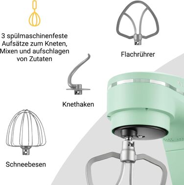 Кухонний комбайн KLAMER 1800W, планетарний міксер для тіста з чашею 6л з нержавіючої сталі, 10 швидкостей, таймером та набором насадок (Premium Mint)