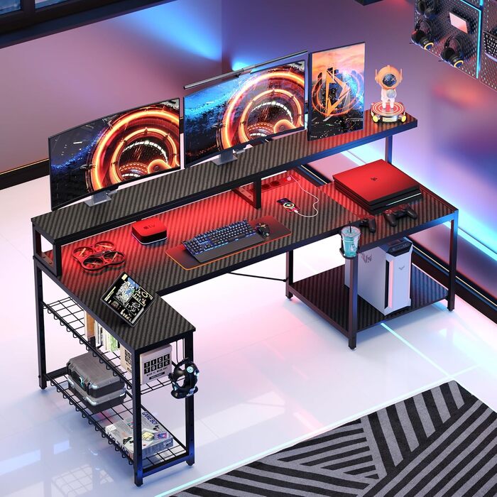 Ігровий стіл Bestier L-подібний 181x80 см з LED підсвіткою, розетками та USB, чорний карбон