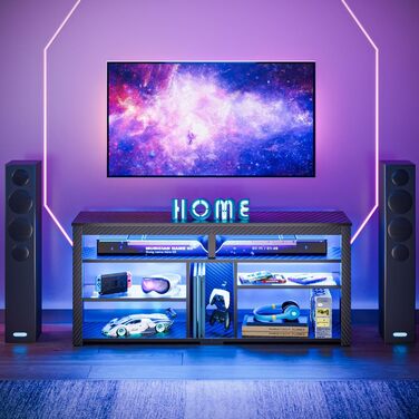 Стійка під телевізор Bestier 70" з підсвіткою LED, тумба для PS5, сучасний ТВ-шаф для вітальні/спальні (140x33.8x61.5 см, чорна карбонова текстура)