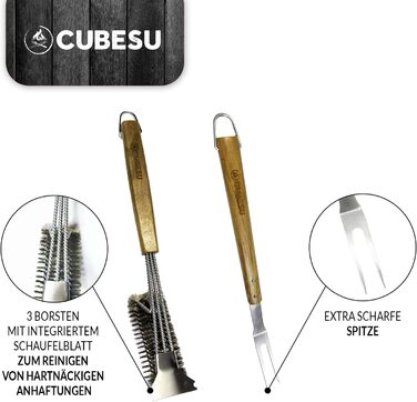 Набір для гриля Cubesu 4 предмети з нержавіючої сталі та акації: лопатка з відкривачкою і пилкою, щипці, щітка, вилка