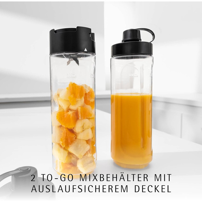 Стаціонарний блендер WMF Küchenminis Smoothie-to-go, потужність 300 Вт, 2 чаші по 0,6 л, нержавіюча сталь, чорний