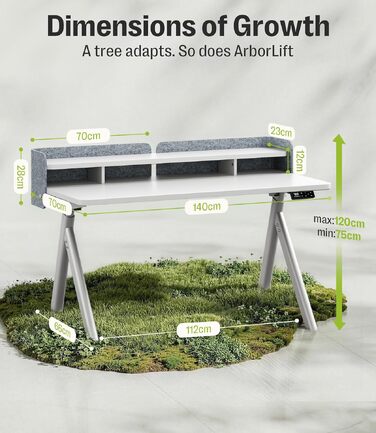Електричний регульований стіл MAIDeSITe Arbor Lift 140x70 см, сріблясто-білий, з підставкою для монітора та акустичною перегородкою