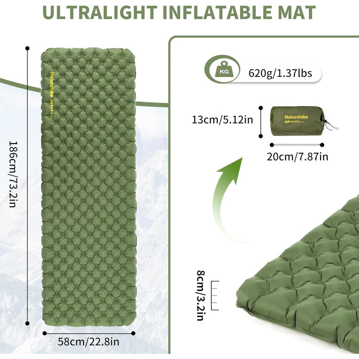 Самонадувний кемпінговий килимок Naturehike Thermal Serie 4.6R Ultralight для зими (до -15°C), прямокутний, 186x58 см
