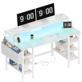 Білий комп'ютерний стіл Lufeiya для геймінгу та офісу (119.4 см) з LED-підсвіткою, підставкою для монітора та розетками