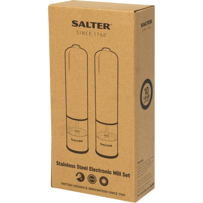 Електричні млини для солі та перцю Salter 7722, нержавіюча сталь, BPA-free, регульований помел, LED-підсвітка, просте наповнення, 60 г солі/30 г перцю