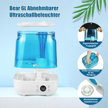 Ультразвуковий зволожувач повітря Bear 6L з верхнім наповненням, таймером, нічним режимом та аромадифузором, подвійна форсунка 360°, низький рівень шуму 28дБ, для дітей та рослин