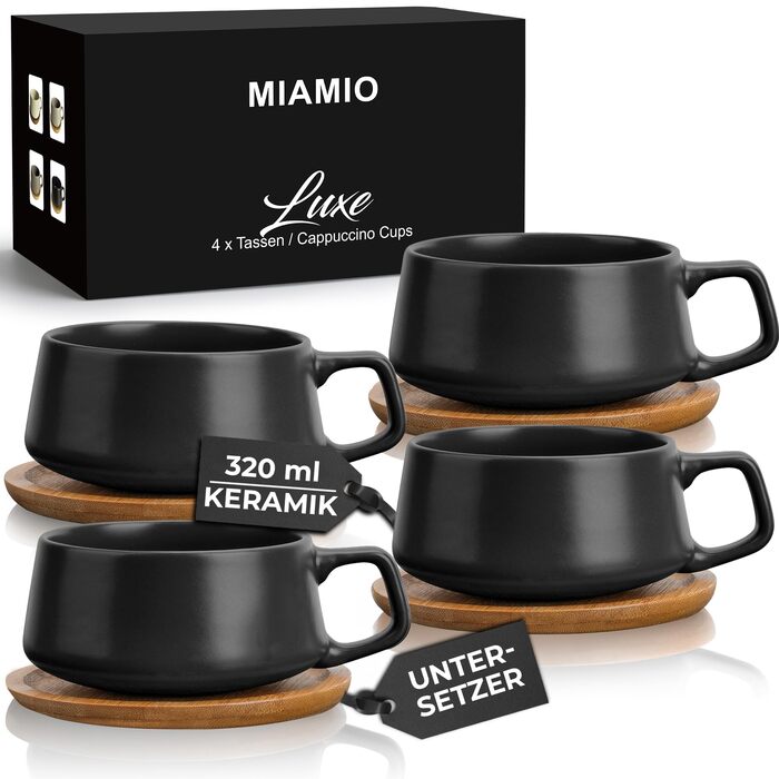 Набір кавових чашок Miamio 4 шт. з підставками, 320 мл, Steingut, чорний (Luxe Kollektion)