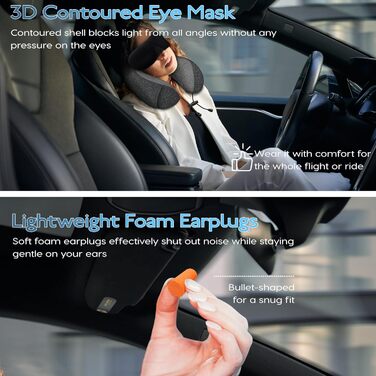 Подушка під шию для подорожей з ефектом пам'яті (Memory Foam) з 3D-маскою для сну та берушами, сіра