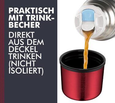 Термос-пляшка Thermos Light & Compact 0,35 л, нержавіюча сталь, червоний, ізольована, з кришкою-чашкою, тримає тепло 12 годин, холод 24 години, герметична, BPA Free, можна мити в посудомийці