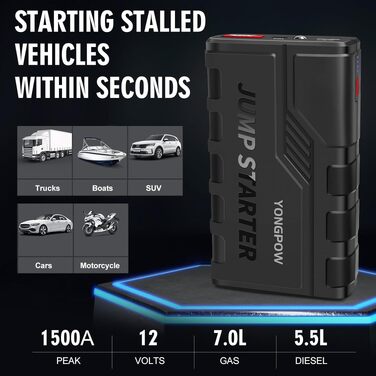Бустер для автомобіля Starthilfe Powerbank 1500A 12V — Пусковий зарядний пристрій (джамп-стартер) для бензинових (до 7.0L) та дизельних (до 5.5L) двигунів, з LED-ліхтарем та USB-портом