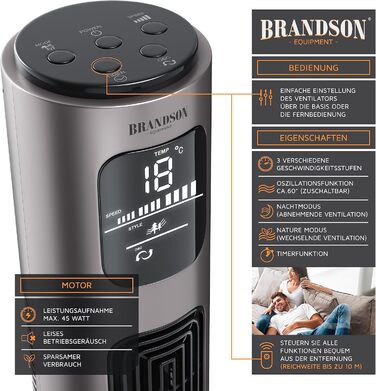 Турмовентилятор Brandson з пультом, 96 см, 3 швидкості, осциляція 60°, мобільний підлоговий вентилятор, титановий сірий, преміум якість, переможець 2025 року