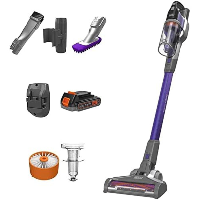 Пилосос Black+Decker 4-в-1 акумуляторний для прибирання шерсті тварин, 18В, 2.0Аг, безмішковий, ручний і вертикальний, електрощітка для шерсті, насадка для щілин, зарядний пристрій та настінне кріплення, модель BHFEV182CP 2019 року