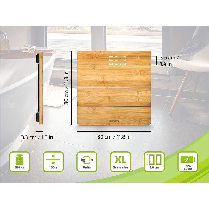 Ваги Soehnle Style Sense Bamboo Magic з натурального бамбука, електронна підлогова вага з LED-дисплеєм, до 180 кг, комфортне покриття