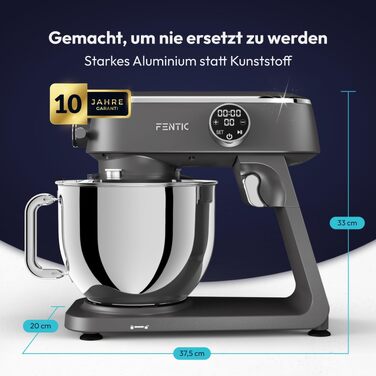 Планетарний міксер Küchenmaschine 1800Вт, чаша з нержавіючої сталі 7л, тістоміс для хліба та піци, 10 швидкостей з таймером, набір насадок та захист від бризок, сірий