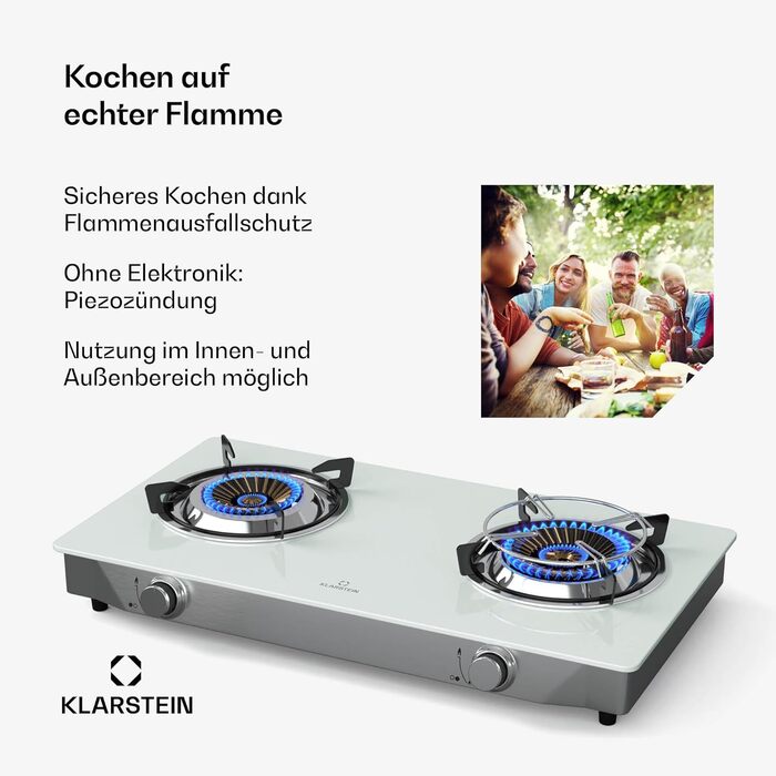 Газова плитка Klarstein 2-конфоркова, 7.7kW, для дому та кемпінгу, нержавіюча сталь, для автодому, портативна