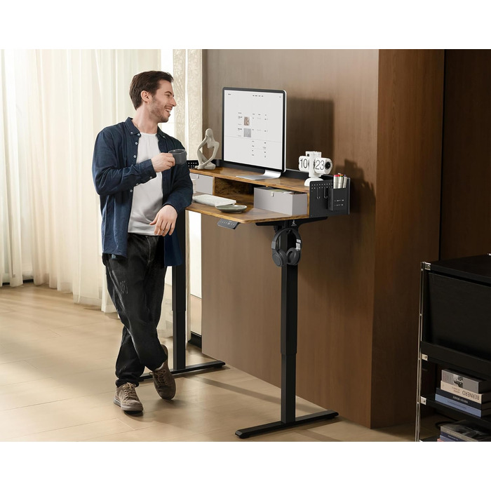 Електричний стіл WALKINGDESK з регулюванням висоти, 2 шухляди, 121,9x61 см, ергономічний робочий стіл для дому, з полицею, тримачем для ручок, гачком, рустикальний коричневий