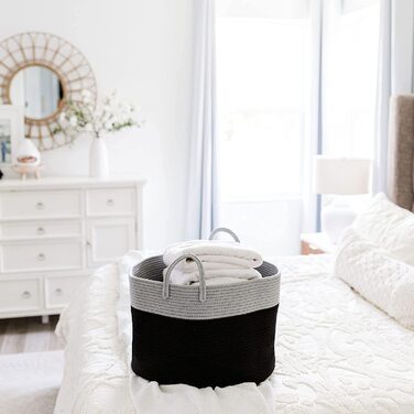 Органічний кошик для зберігання OrganiHaus, плетений з бавовни, з ручками, для іграшок, білизни, рушників, для ванної та вітальні, 50x33 см, чорний/сірий