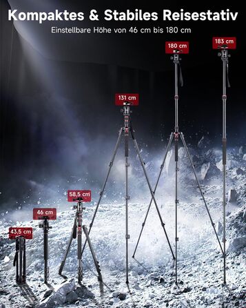 Штатив Rollei Compact Traveler No. 2 чорний, 180 см, алюмінієвий, з моноподом, 360° кульова голівка, для DSLR та смартфона, фотоштатив для подорожей