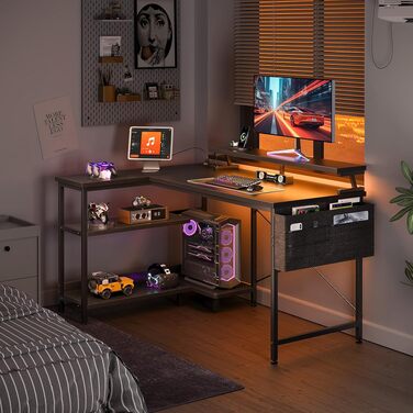 Ігровий стіл Coleshome L-подібний з полицями, LED-підсвіткою та розеткою, кухонний стіл для геймерів з органайзером, реверсивний, чорний, 100×70 см