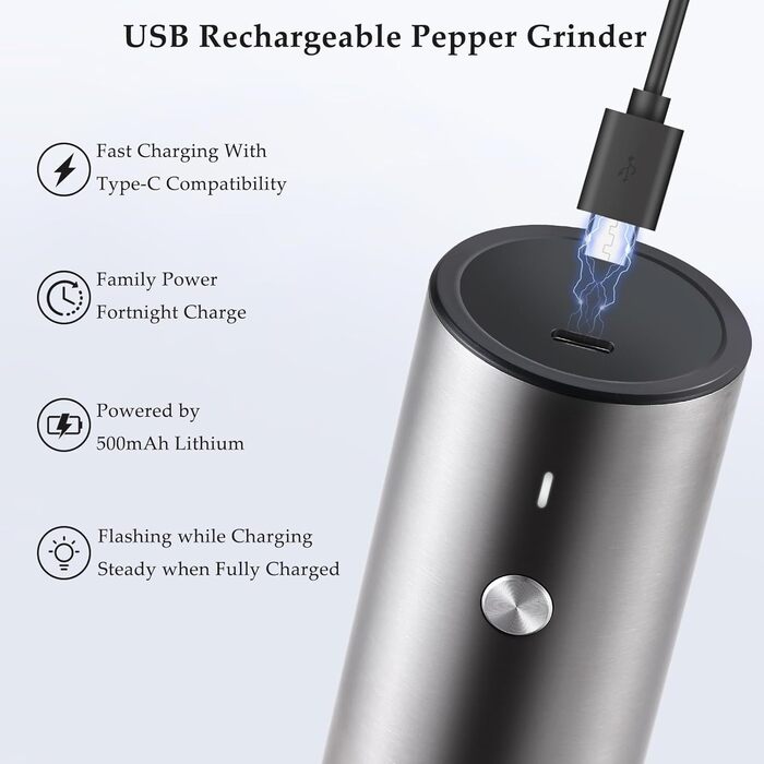 Електричні мельниці для солі та перцю TLYSXPRO 2 шт. USB, регулювання помелу, з LED-підсвіткою, чорний/білий (нержавіюча сталь)