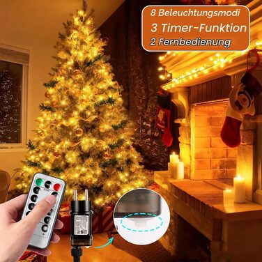 Світлодіодна гірлянда для ялинки та вулиці 500 LED, 30м, теплий білий колір, водонепроникна з таймером та 8 режимами освітлення, зелений кабель