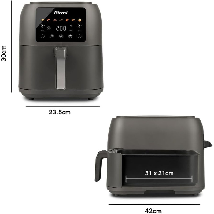 Аерофритюрниця Girmi FG92 Ecofrit Deep XXL 8л, 1700 Вт, цифрова панель керування, 7 програм, антипригарне покриття, матово-сіра