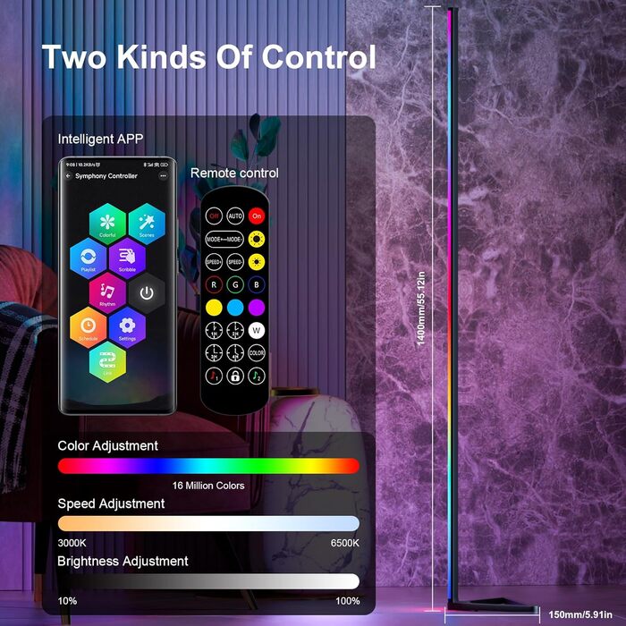 MIWATT LED торшер 143 см для вітальні, RGB, диміруємий, з пультом і додатком, 16 млн кольорів, музичний режим, таймер, чорний