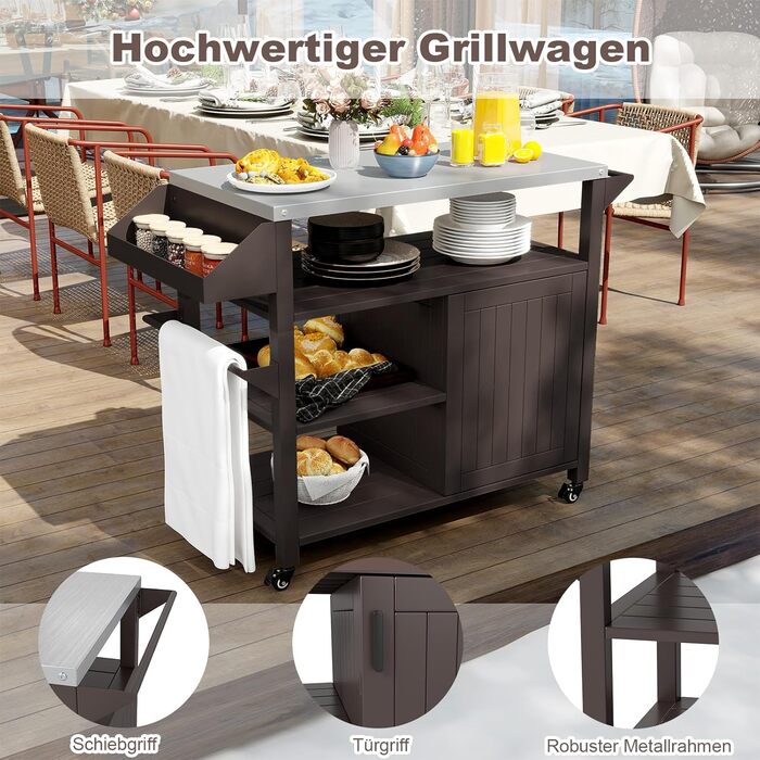Grillwagen COSTWAY: Металевий гриль-візок з 3 полицями, нішею для спецій та ручкою. Ідеально для BBQ, саду, тераси. Розміри: 116 x 50 x 87 см