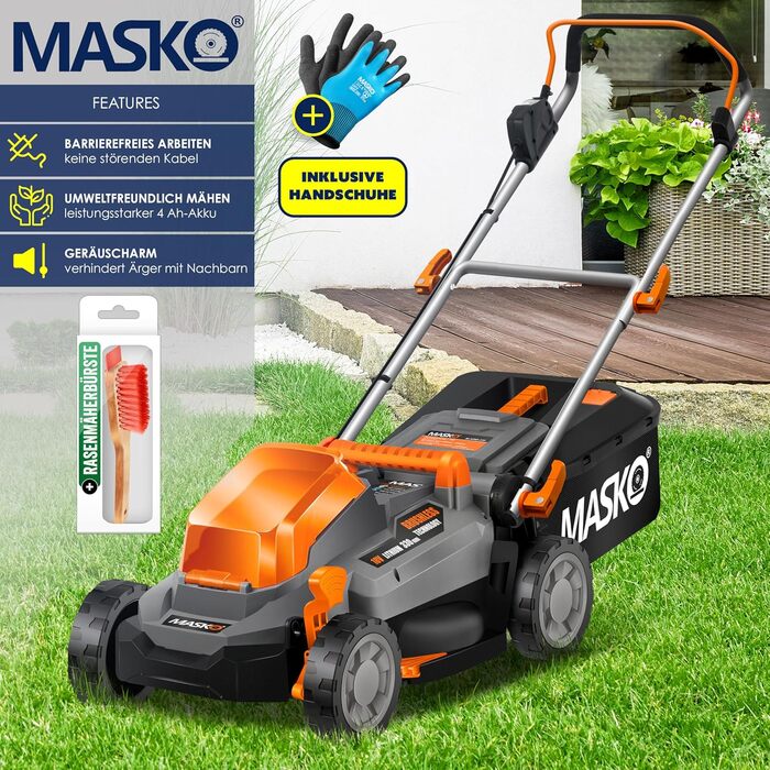 Акумуляторний газонокосарка MASKO з функцією мульчування, 2 акумулятори Li-Ion 4Ah, подвійний зарядний пристрій, триммер, ширина косіння 37 см, 6 положень висоти, кошик 40 л, площа до 600 м², в комплекті рукавички та щітка (ширина косіння 33 см, чорний/по