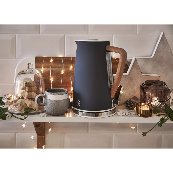 Електрочайник Swan Nordic Ultra 1,7 л 2200 Вт, бездротовий, автоматичне вимкнення, дерев'яна ручка, сірий, сучасний дизайн