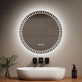 Круглий дзеркало для ванної кімнати EMKE з LED-підсвічуванням, діаметр 60 см, з антизапарюванням + сенсорний вимикач + 3 кольори світла, сучасний дизайн