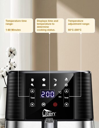 Аерофритюрниця Uten 5,5 л XXL з LED-екраном, 7 програм, 1700 Вт, без жиру, нержавіюча сталь, антипригарний кошик, функції попереднього нагріву та підтримки тепла