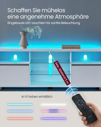 Тумба під телевізор VASAGLE Kailyn 160 см з LED підсвіткою, біла - для вітальні, з полицями та шафками